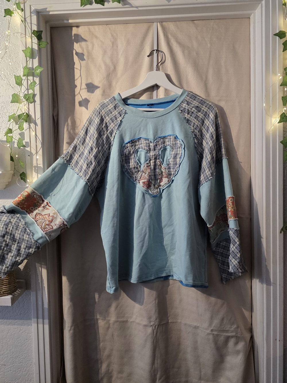 Blue Patchwork Peace Heart Top Boho Hippie Bell Sleeve 70s